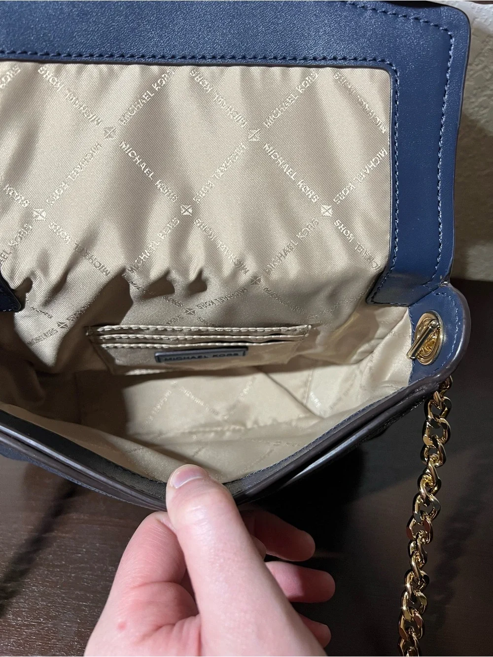 Michael Kors Navy Leather Crossbody with Gold Chain Ring Detail